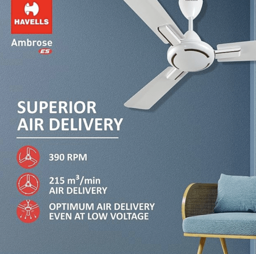 Havells 1200mm Ambrose ES Ceiling Fan | Premium Finish, Decorative Fan, Elegant Looks, High Air Delivery, Energy Saving, 100% Pure Copper Motor | 2 Year Warranty | (Pack of 1, Pearl White Wood) - Image 2